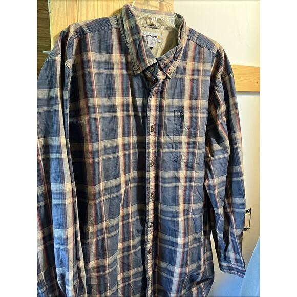 Carhartt Shirt Men XXLT Blue Brown Plaid Outdoor Relaxed Fit Y2K Button Workwear - Picture 2 of 11